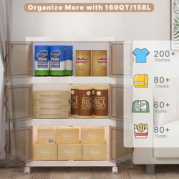 Extra Large Stackable Storage Binswith lids & Wheels, Foldable Collapsible Closet Organizers,720QT-120QT/30GAL*6Pack Plastic Containers with door & drawers for bedroom Dorm