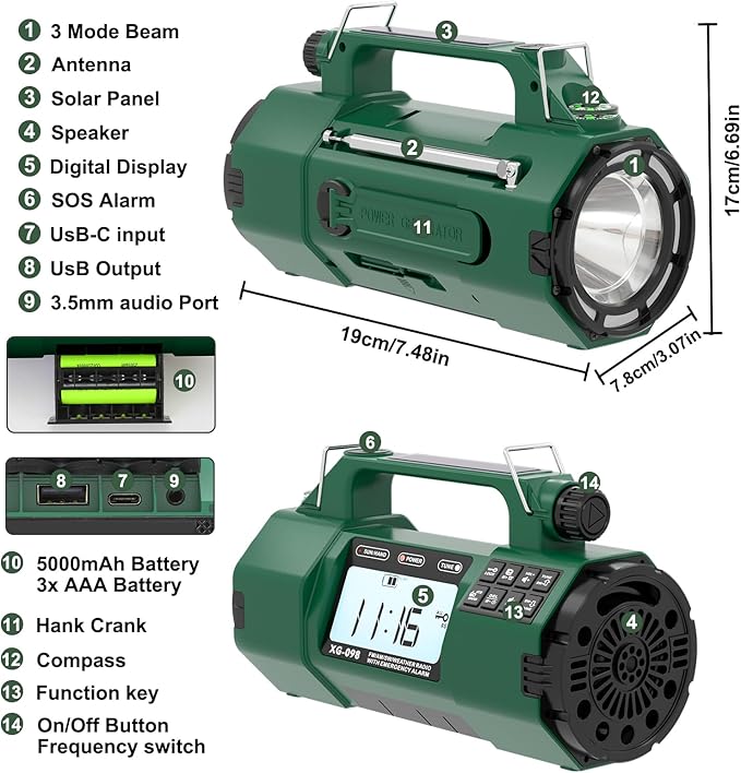 Emergency Alert NOAA Weather Radio with Hand Crank & Solar Power, AM/FM/SW Portable Radio, Replaceable Battery, Flashlight, Phone Charger, SOS Alarm for Hurricane, Power Outage, Camping Gifts