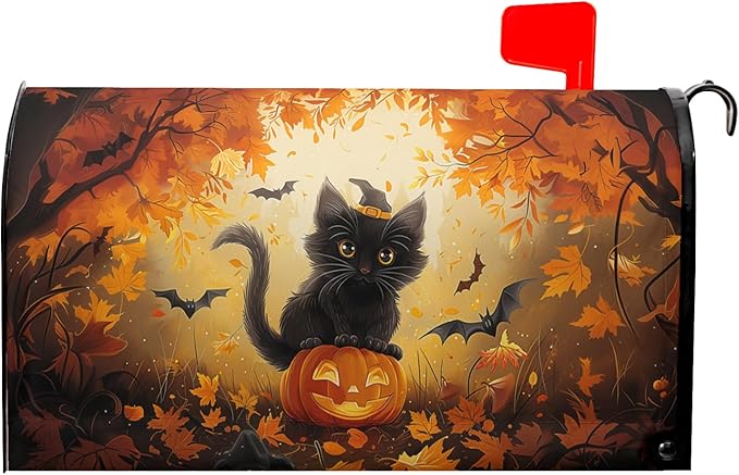 Halloween Cat Magnetic Mailbox Covers Spooky Kitten Pumpkin Waterproof Letter Box Cover Standard Size Fall Maple Leaf Forest Bat Decorative Holiday Post Wraps for Home Garden Yard Outdoor 21x18 Inch