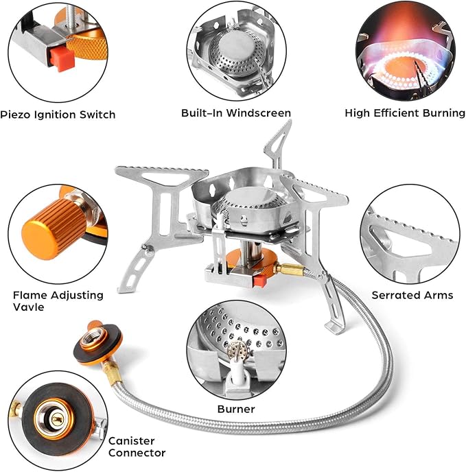 Odoland 3500W/6800W Windproof Camp Stove Camping Gas Stove with Fuel Canister Adapter, Piezo Ignition, Carry Case, Portable Collapsible Stove Burner for Outdoor Backpacking Hiking and Picnic