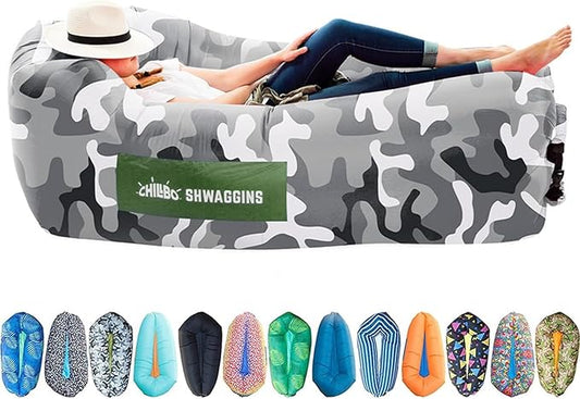 Chillbo Shwaggins Inflatable Couch – No-Pump Setup, Ripstop Polyester, Stability Pegs, Fun Prints, Portable Air Lounger for Beach, Camping, Festivals, and Tailgating - Urban Camo