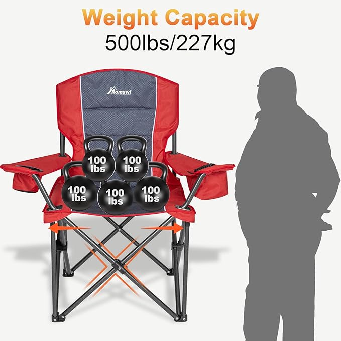 Romswi Oversized Camping Chairs,Heavy Duty Support 500 LBS,Padded Back & Arm Sport Chairs, Cup Holder Cooler Bag, Collapsible Folding Chairs for Outdoor, Fishing & Garden, Red,2-Pack