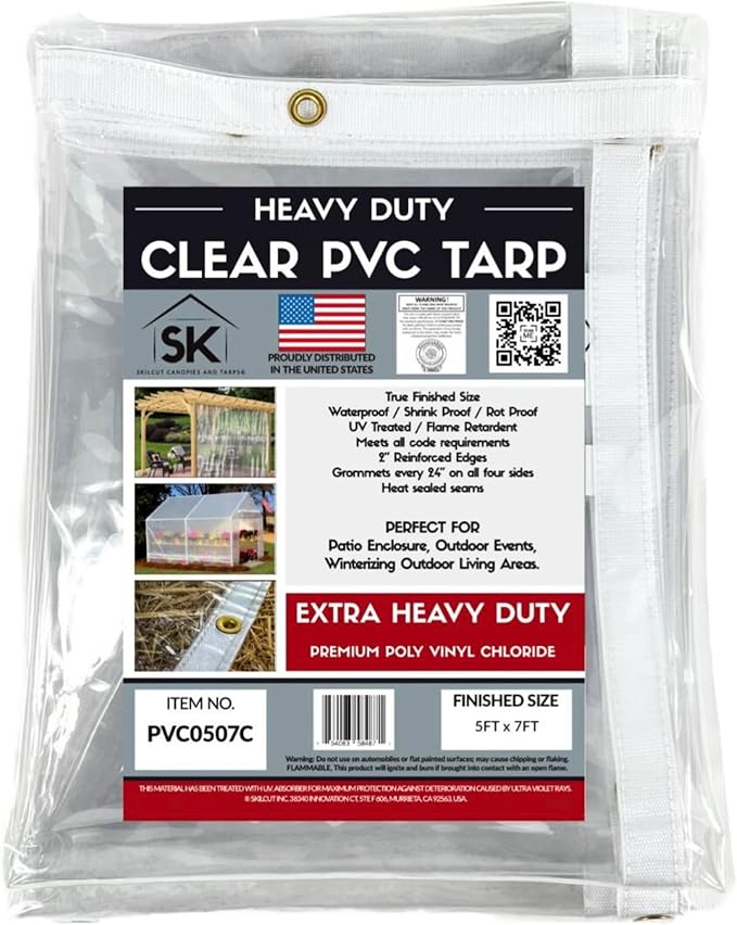 24mil Clear PVC Vinyl Heavy Duty Tarp Enclosure Panel - True Size, UV Protection, Tear Resistant, Waterproof Tarp with Arctic Flexibility 8x12