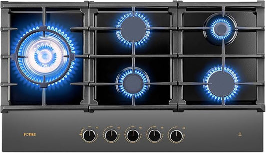FOTILE GLG36501-Y 36” Moonshadow Grey Anti-glare Tempered Glass 5-Burner Gas Cooktop, Tri-Ring 18,000 BTUs Left Burner with Flame Failure Protection Removable Grates and Installation/LP Kit