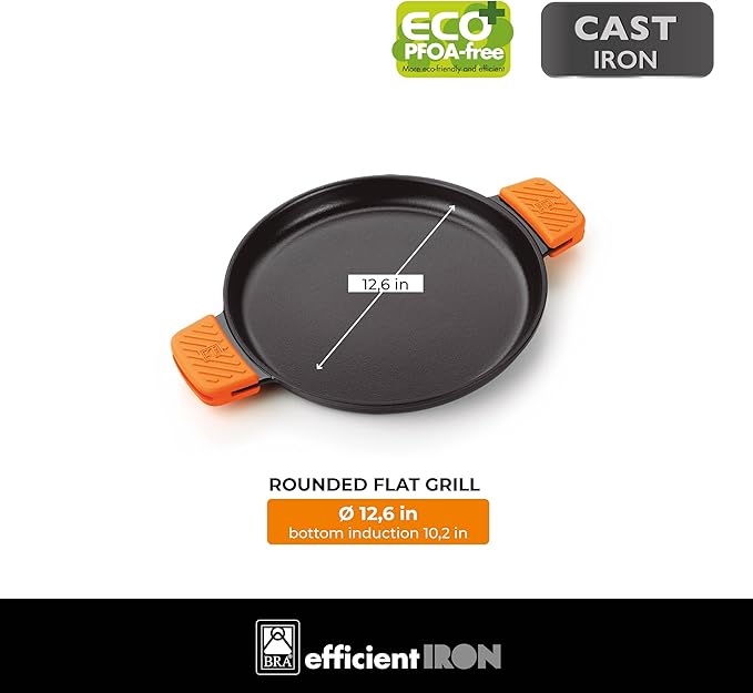 BRA COOKWARE Efficient Iron Round Smooth Grill | 12.6 inches Cast Iron Round Griddle | All Heat Sources Compatible | PFOA Free | Without Non-Stick | Silicon Handle | Non Deformable