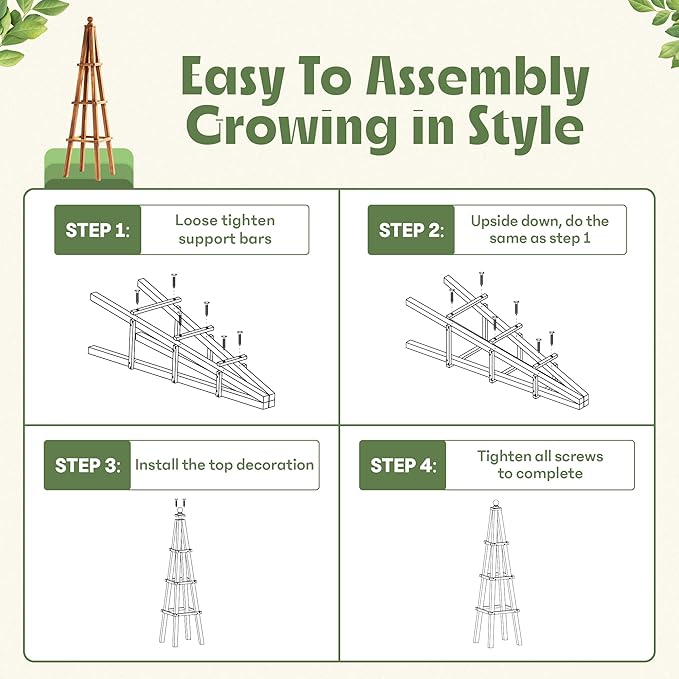 Idzo 61-Inch Wood Obelisk Trellis for Climbing Plants, Outdoor & Indoor Garden Decor, Light Brown, Durable, Space-Saving, Easy Assembly, Ideal for Patio & Yard – Upgraded 2025