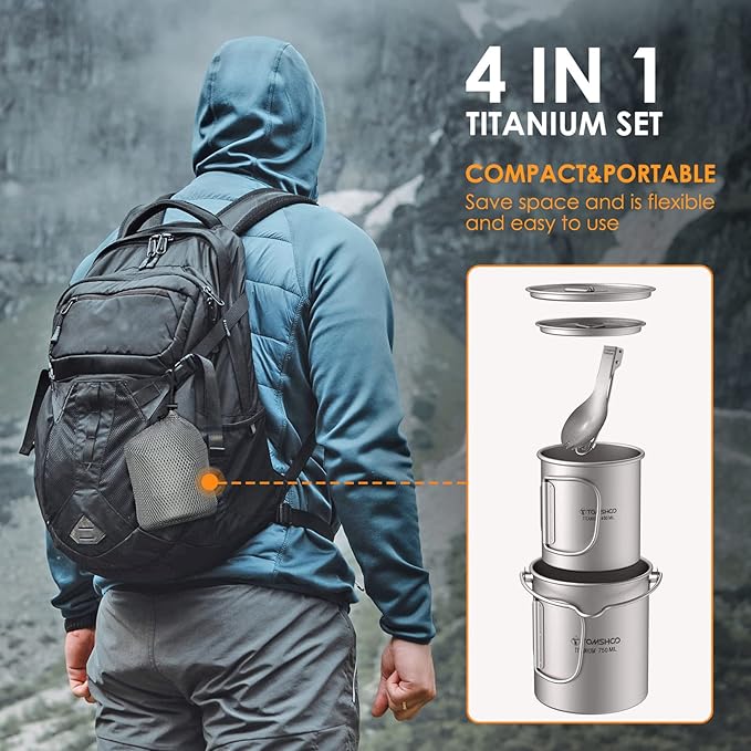 TOMSHOO Titanium Pot with Lid - Camping Mug with Foldable Handle for Hiking, Travelling, Backpacking