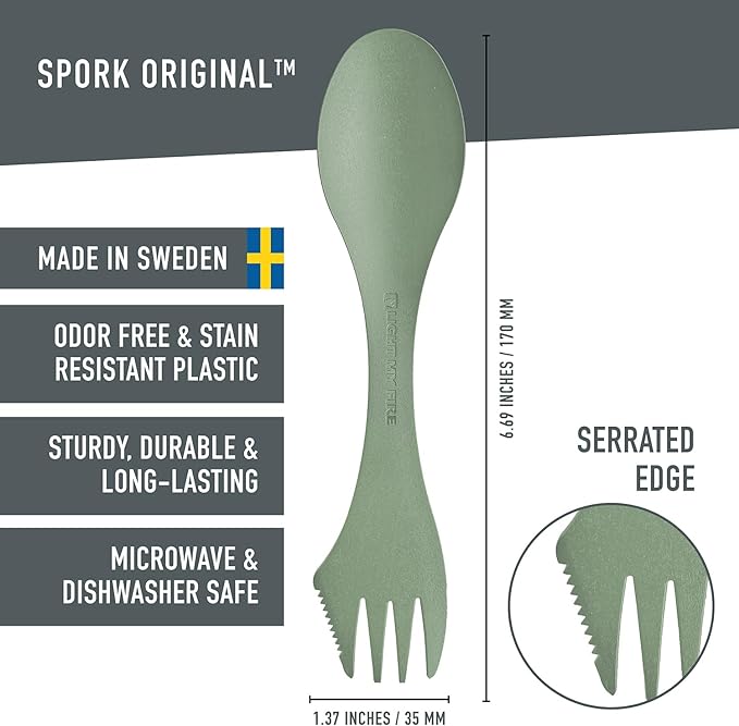 Light My Fire Spork Original 10-Pack 3-in-1 Camping Spoon Fork Knife Combo Reusable Travel & Camping Utensils Lunch Spork Outdoor Backpacking Hiking Picnic Utensil BPA Free