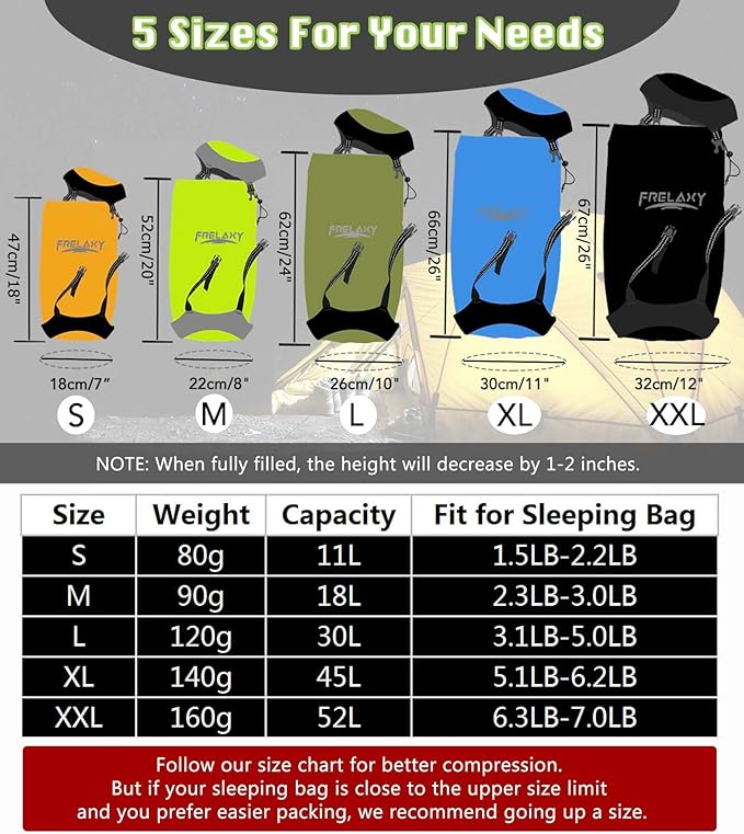 Frelaxy Compression Sack, 40% More Storage! 11L/18L/30L/45L/52L Compression Stuff Sack, Water-Resistant & Ultralight Sleeping Bag Stuff Sack - Space Saving Gear for Camping, Hiking