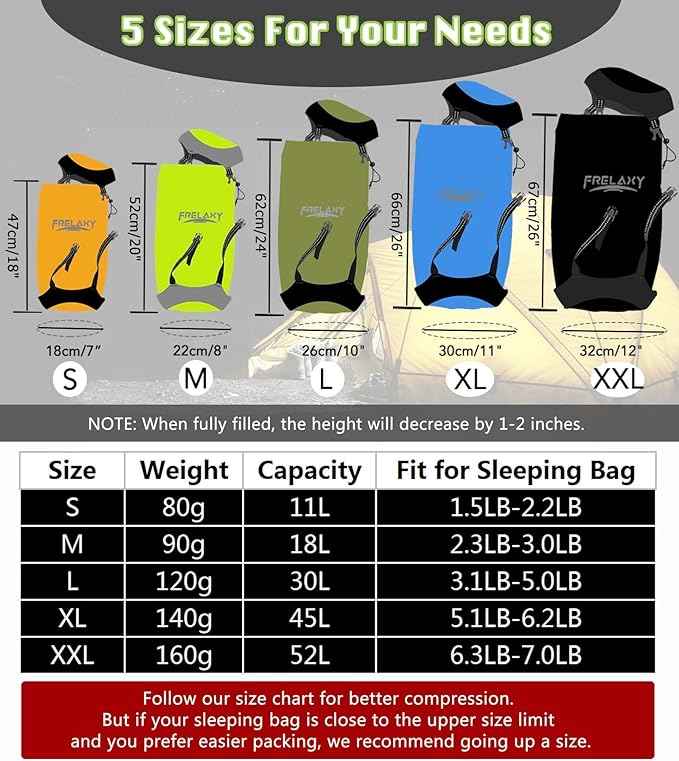 Frelaxy Compression Sack, 40% More Storage! 11L/18L/30L/45L/52L Compression Stuff Sack, Water-Resistant & Ultralight Sleeping Bag Stuff Sack - Space Saving Gear for Camping, Hiking