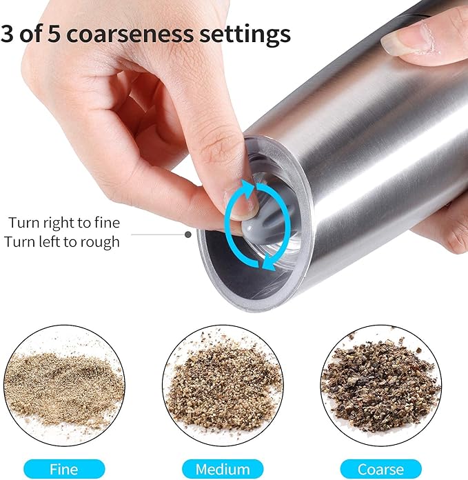 Gravity Electric Pepper and Salt Grinder Set, Adjustable Coarseness, Automatic Shakers Mill Grinder with LED Light, Battery Powered, Upgraded Larger Capacity, One Hand Operated (Sliver 2 Pack)