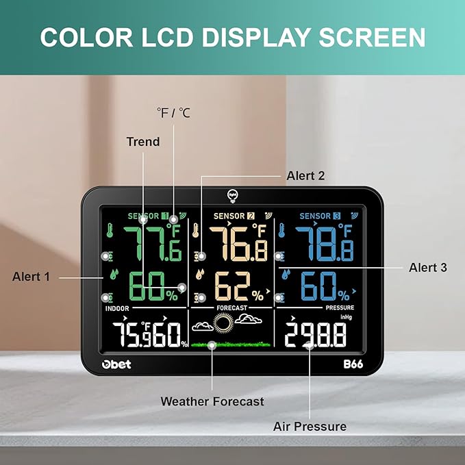 OBET Weather Station Wireless Indoor Outdoor Thermometer with 3 Sensors, Temperature Humidity Monitor with Alerts 500ft Range and 3 Adjustable Brightness