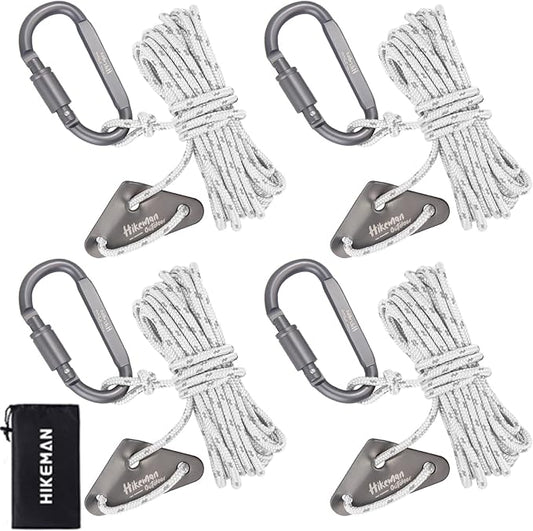 Hikeman 4 Pack Camping Rope with Locking Carabiner Clip,4mm Reflective Guy Lines with Triangular Guyline Adjuster Tensioner,Nylon Cord for Tent Tarp Tie Down,Hiking,Backpacking (White)