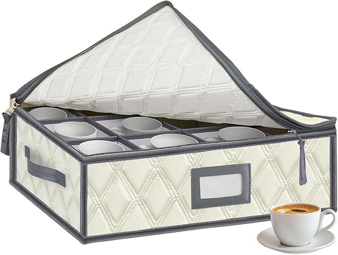VERONLY Mug and Cup Storage Box with Dividers - 1 Pack China Storage Bin Containers Holds 12 Glassware, Stackable Coffee Mug Organizer Bin and Tea Cup with 2 Metal Zipper,Label and Handles