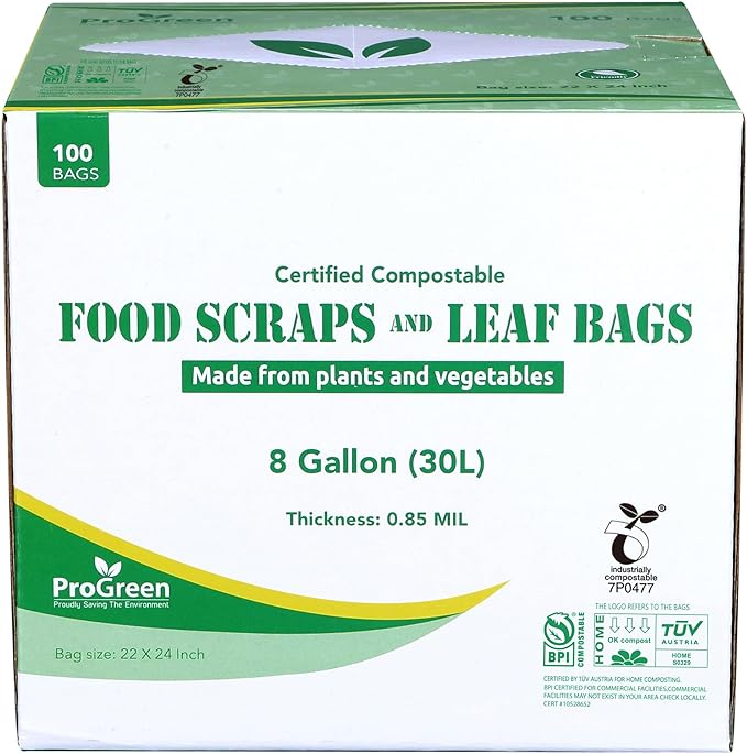 ProGreen Compostable Trash Bags, Extra Thick, Compost Kitchen Bin Bags, Food Scraps Yard Waste Bags, ASTM D6400 BPI and TÜV AUSTRIA Certified (8 Gallon, Pack of 100)