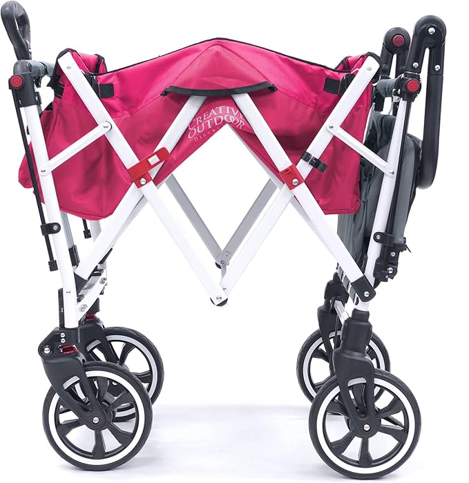Creative Outdoor Wagon for Kids Push Pull Collapsible Stroller with Canopy Folding Cart | Titanium Series Plus | Beach, Park, Garden (Solid Pink)