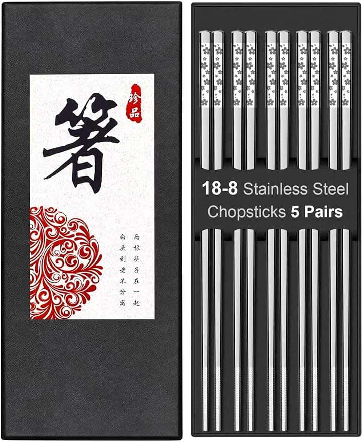 5 Pairs Metal Chopsticks Reusable 18/8 stainless steel Chopsticks Japanese Style Dishwasher Safe Lightweight Non-Slip Chop Sticks 9 1/4 Inches Present Set