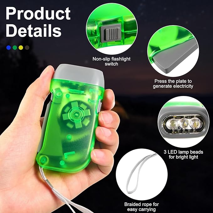 Mudder 24 Pieces Hand Crank Flashlight with LED Self Powered Charging Torch Dynamo for Camping Emergency(Blue, Grey, Yellow, Green)