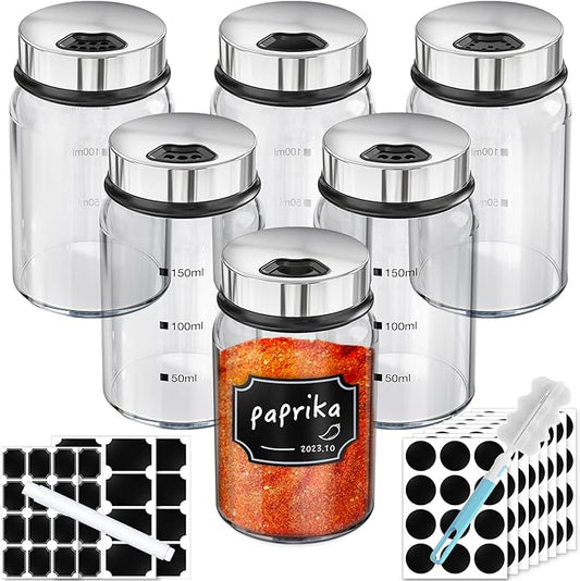 Segarty Spice Jars with Labels, 6 Pack 5oz Glass Spice Containers with Lids, Empty Clear Salt Shakers for Kitchen Condiment Storage, Spice Bottles Set with 136 Stickers, 1 Marker Pen and 1 Brush
