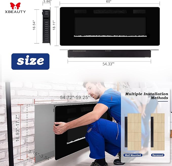 60" Electric Fireplace in-Wall Recessed and Wall Mounted 1500W Fireplace Heater and Linear Fireplace with Timer/Multicolor Flames/Touch Screen/Remote Control