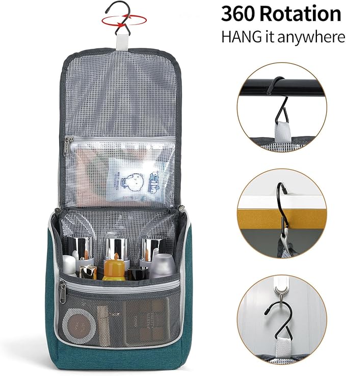 Della Gao Hanging Toiletry Bag for Women, Travel Toiletry Bags Makeup Organizer, Water-resistant Cosmetic Bag for Essentials Accessories (Dark Green)