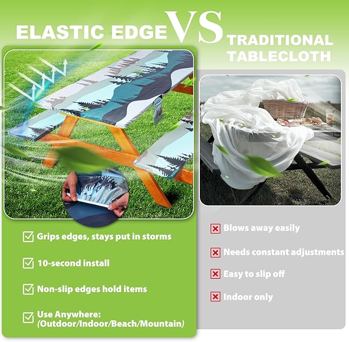 Fitted Picnic Table Cover with Bench Covers Waterproof Elastic Edges Rectangle Patio Tablecloth Outdoor Camping Essentials Stuff Rv Accessories Summer Trip Travel Supplies Party Camper Gifts, 8 ft