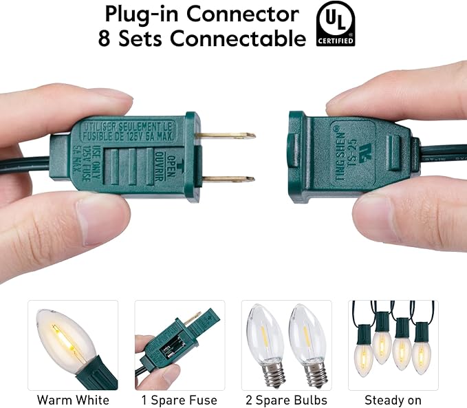 Vintage C9 LED Christmas Lights Outdoor Warm White, 50 Feet C9 String Lights for Christmas Tree Roofline Holiday Party Indoor Outdoor Garden Patio Backyard Cafe Xmas Decoration, Green Wire