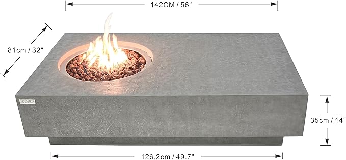 Elementi | Bundle Metropolis Gas Fire Pit Cast Concrete 56" Rectangular Fire Table, Outdoor Fire Pit Electronic Ignition | Canvas Cover, Lava Rock Included | Light Gray (Propane Gas)