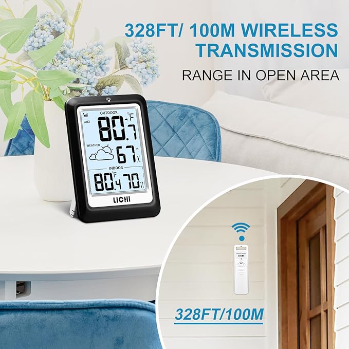 Indoor Outdoor Thermometer Wireless Weather Station, Internal External Thermometer Hygrometer, Home Batteryoperated Temperature Humiditymonitors330 Feet (About 100 Meters) Backlight Display