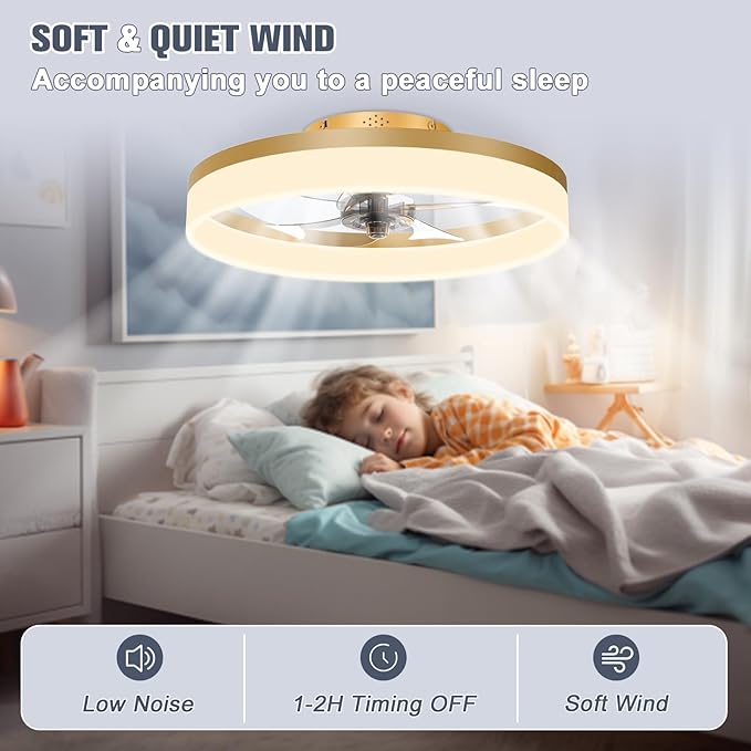 VOLISUN Low Profile Ceiling Fans with Lights and Remote, 19.7in Fandelier Ceiling Fan Flush Mount, 3000K-6500K Smart Bladeless LED Fan Light, Gold Modern Ceiling Fans with Lights for Bedroom
