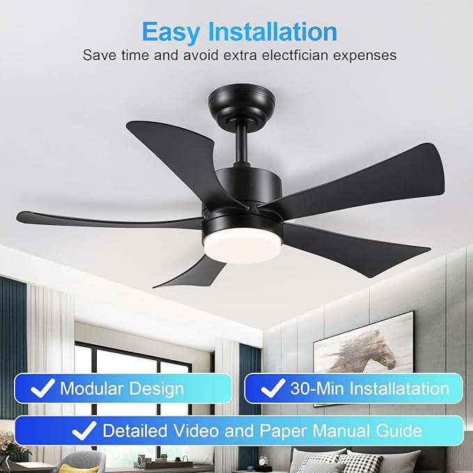 42 inch Ceiling Fans with Lights, Modern Black Ceiling Fan with Remote Control App, DC Motor Quiet, 3CCT Dimmable Memory, Led Sloped Flat Ceiling Fan with Light for Bedroom Indoor&Outdoor Patio