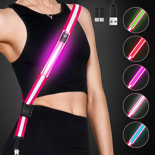 LED Reflective Belt Sash - 5 Lights Colors & 3 Light Modes High Visibility Night Safety Belt, Rechargeable Light Up Running Gear Adjustable Vest Straps for Runners Walkers Men Women