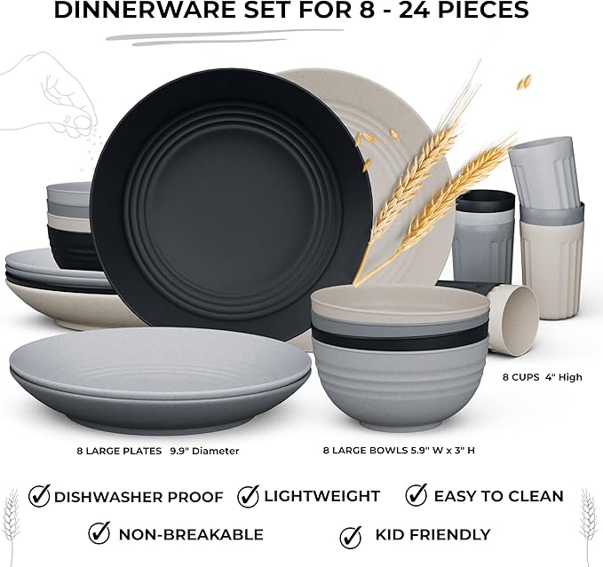 Fern & Soul Wheat Straw Dinnerware Sets, Dish Set for 8, 24 pcs with Storage Bag. Unbreakable, Dishwasher Safe, Kitchen Plates Bowls Sets, College Dorm, RV Camping Dishes Plate Set (Charcoal)