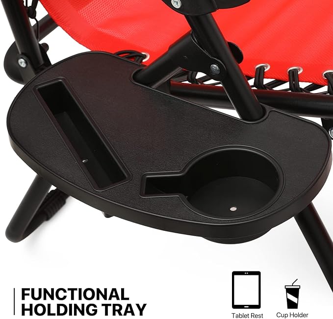 MoNiBloom Recliner Patio Lounge Chairs Set of 3, Adjustable Outdoor Beach Chairs w/Folding Table, Pillow and Cup Holder Tray, 330lbs Capacity, Red