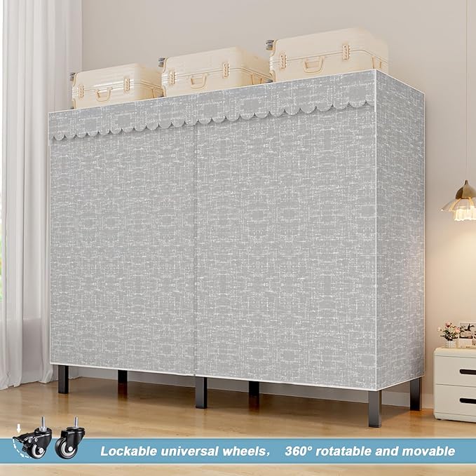 FPIGSHS Heavy Duty Clothes Rack with Cover 2000LBS Foldable Portable Wardrobe Closet for Hanging Clothing Rolling Garment Rack on Wheels for Bedroom Closet System (E(Gray Cover, 41.3in)