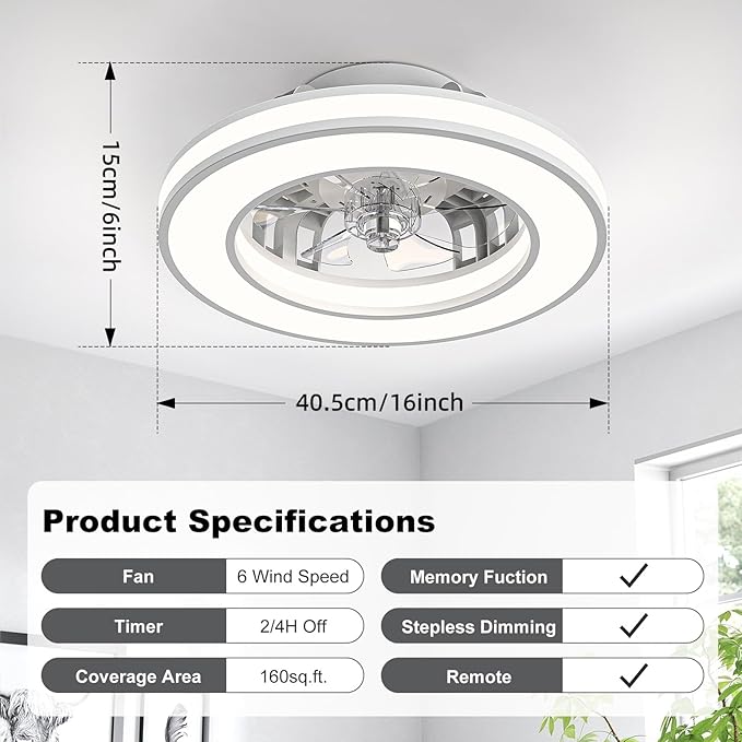 16'' Ceiling Fans with Lights, Modern Low Profile Ceiling Fan Light with Remote, 3000-6500K Dimmable LED Fan Light, 6 Speeds Small Flush Mount Ceiling Fan for Bedroom, Kids Room(White)