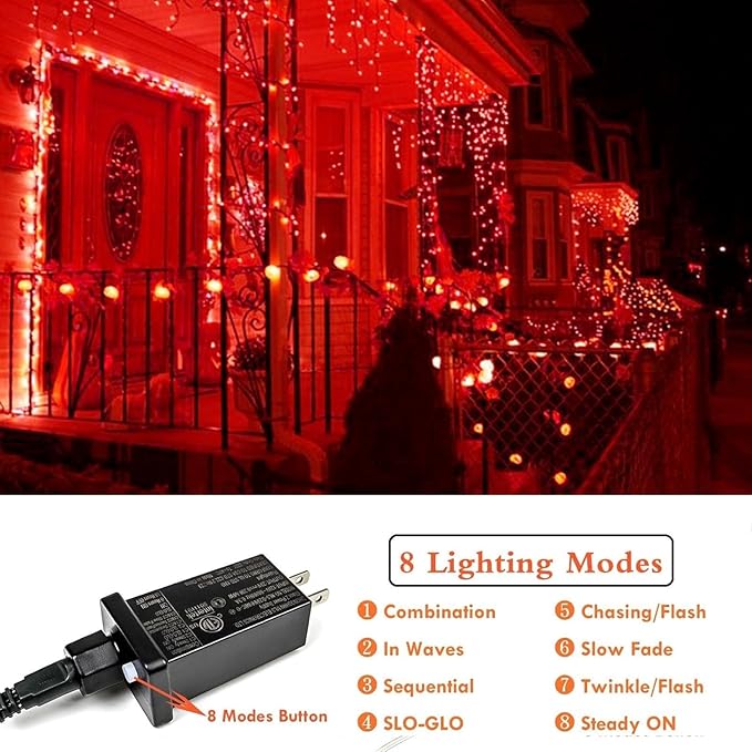Extra-Long String Lights Outdoor Indoor, 200 LED Upgraded Super Bright Halloween Lights, Waterproof 8 Modes Plug in Clear Wire Fairy Light for Bedroom Party Wedding Garden Patio(Red)