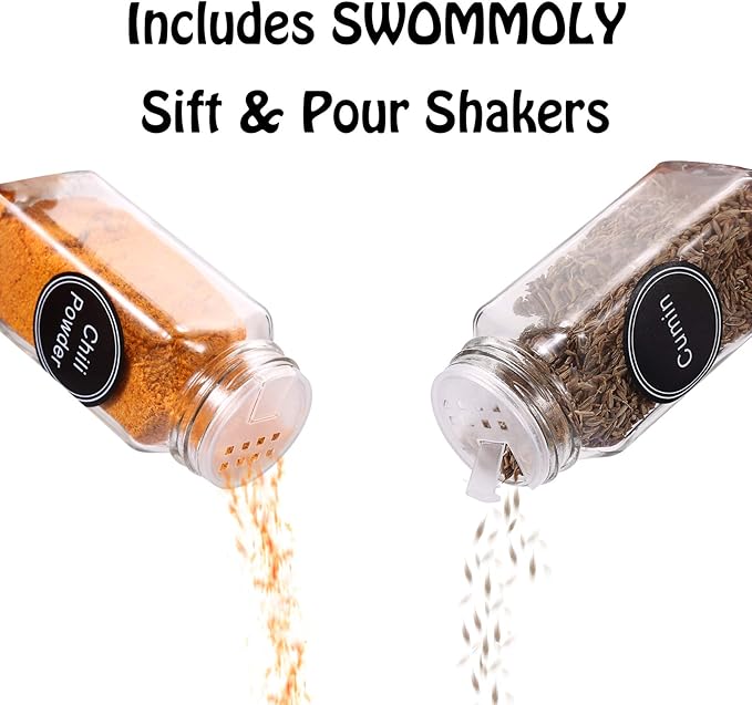 SWOMMOLY 42 Glass Spice Jars with 703 Spice Labels, Chalk Marker and Funnel Complete Set. 42 Square Glass Jars 4oz, Airtight Cap, Pour/sift Shaker Lid