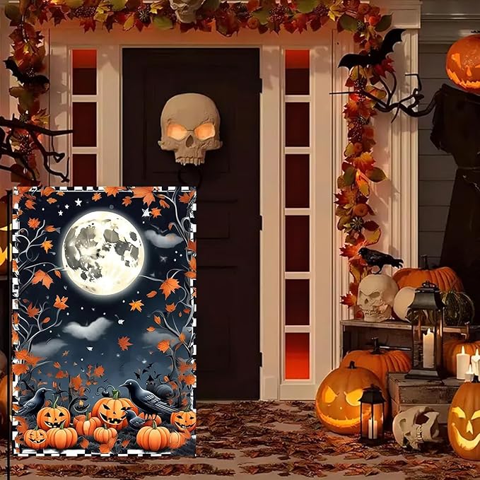 Halloween Garden Flag for Outside 12x18 Inch Double Sided, Crow Pumpkin Small Yard Flags for Outside, Outdoor Welcome Flag Front Porch Decorations for Home
