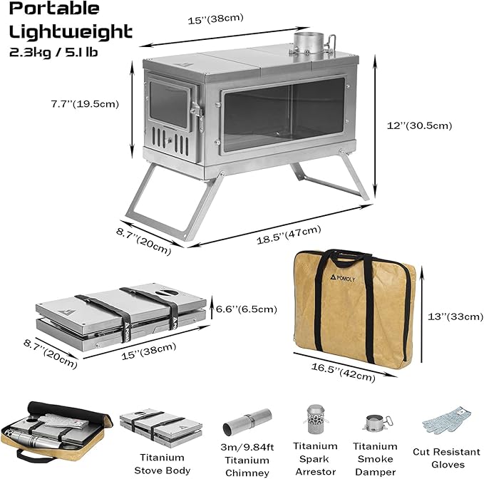 POMOLY Camping Wood Stove Hot Tent Stove, Timber Portable Lightweight Titanium Stove for Hiking, Cooking, Heating (Stove Pipe 9.84ft / 3m)