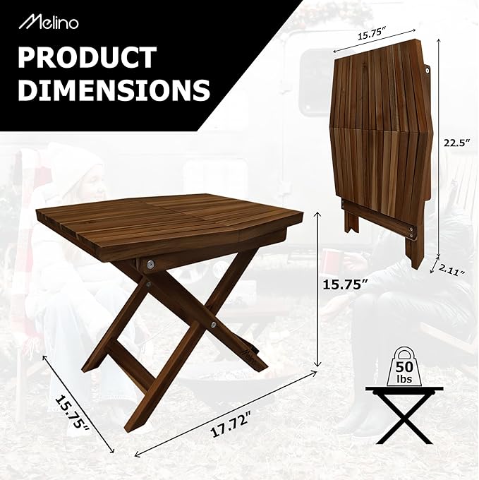 Melino Wooden Folding Table - Original Acacia Wooden Small Foldable End Coffee Tables - FSC Certified Solid Wood Patio Side Table - Weather Resistant & Fully Assembled - Indoor and Outdoor Furniture