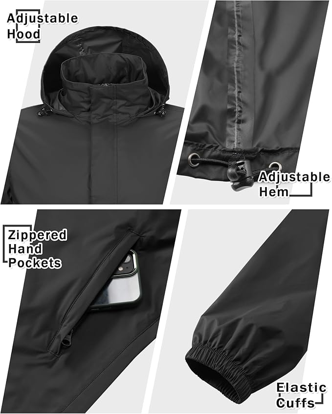 33,000ft Men's Pullover Rain Jacket Waterproof with Hood Lightweight Packable Raincoat Windbreaker for Golf Travel