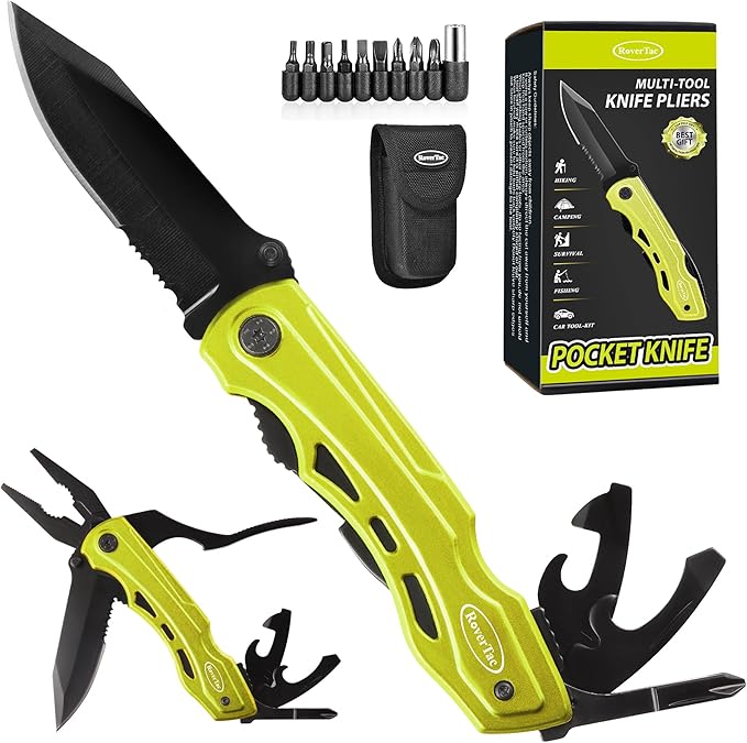 RoverTac 15-in-1 Multitool Knife – Gifts for Men, Dad, Husband – Folding Knife with Screwdrivers, Pliers, Saw – Camping Gear for Hiking, Survival, DIY, Great for Valentine, Birthdays, Father’s Day