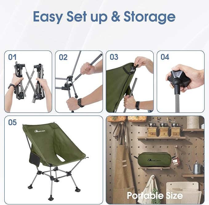MOON LENCE Camping Chair Plus, Upgraded Comfort & Size, Still Compact and Lightweight, Folding Portable Chair for Backpacking & Hiking, 400Lbs Capacity, Gen 3 Plus (Green with Groundgrip Feet (Plus))