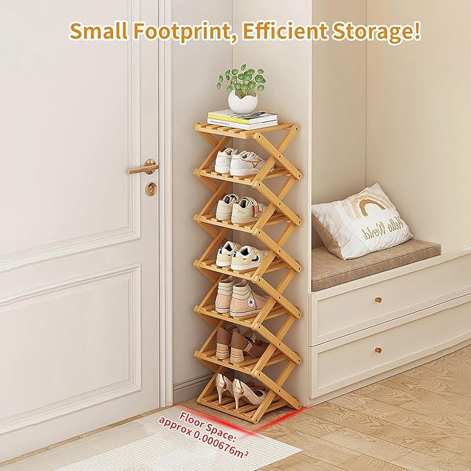 YYW Bamboo Shoe Rack for Entryway,Installation-Free and Foldable Vertical Shoe Storage Organizer,Free Standing Shoe Racks Shelf Closet Shoe Organizer for Living Room (Nature-6 Layers)