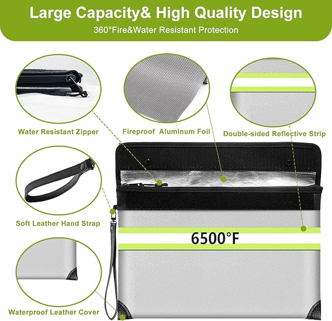 6500°F Upgraded Fireproof Money Bag,10 Layers of Heat Insulated Materials,Fire Proof Box with Waterproof Zipper/Reflective Strip,Document Bag with Handle for Cash,Important Documents