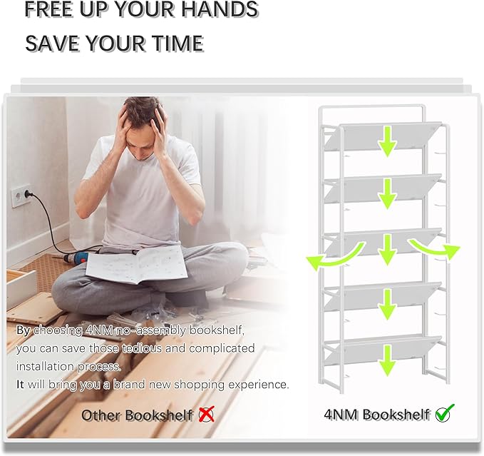 4NM No-Assembly 5 Tiers Folding Bookshelf Storage Shelves Vintage Bookcase Standing Racks Study Organizer Home Office (All White)