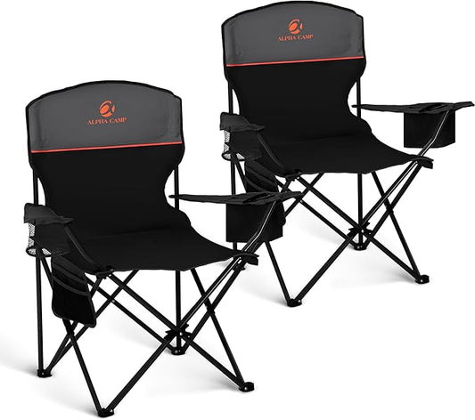 LET'S CAMP Camping Chair 2 Pack Folding Chair with 3-Can Cooler Bag Portable Lawn Chair with Cup Holder,Storage Pocket, Supports 225LBS, Collapsible Chair for Camp, Beach, Picnic (Black)