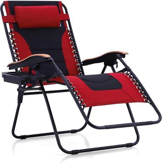 MFSTUDIO Zero Gravity Chairs, Oversized Patio Recliner Chair, Padded Folding Lawn Chair with Cup Holder Tray, Support 400lbs, Red