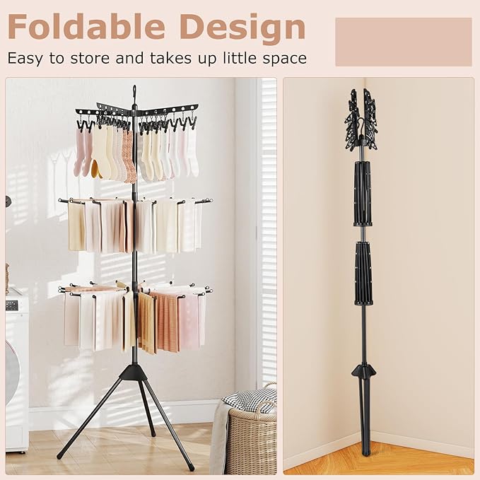 Giantex Tripod Clothes Drying Rack, 3-Tier Freestanding Folding Laundry Drying Rack w/24 Clips & 32 Rods, 70" Space Saving Towel Drying Stand w/360° Rotatable Arms for Laundry Room, Balcony, Black